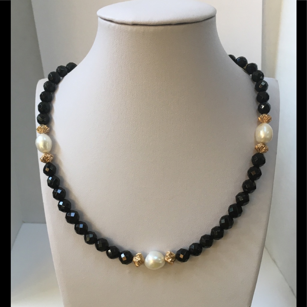 Faceted Black Onyx,Potato Pearl & Gold Filled Bead